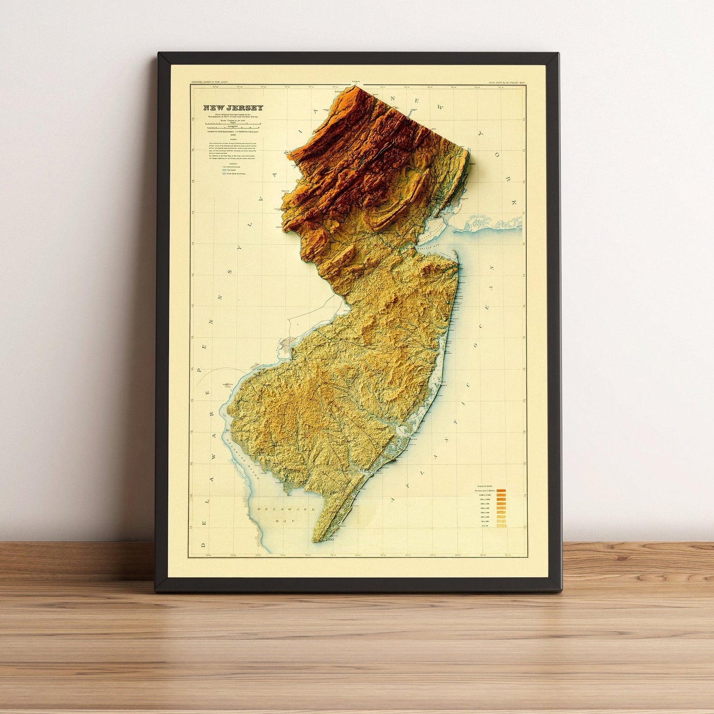 New Jersey (USA) vintage framed shaded relief map in black frame. Artistic print highlighting mountains with a realistic terrain effect