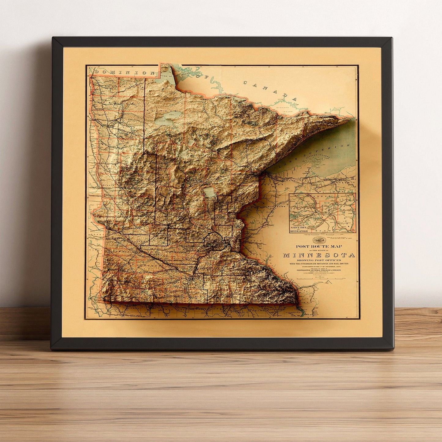 Minnesota (USA)  vintage framed shaded relief map in black frame. Artistic print highlighting mountains with a realistic terrain effect