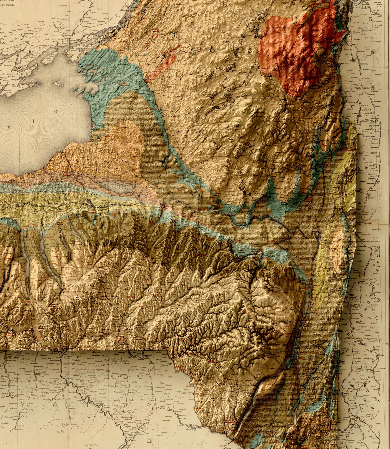 Detailed close-up of a vintage New York State relief map, showcasing textured topography and geographic contours