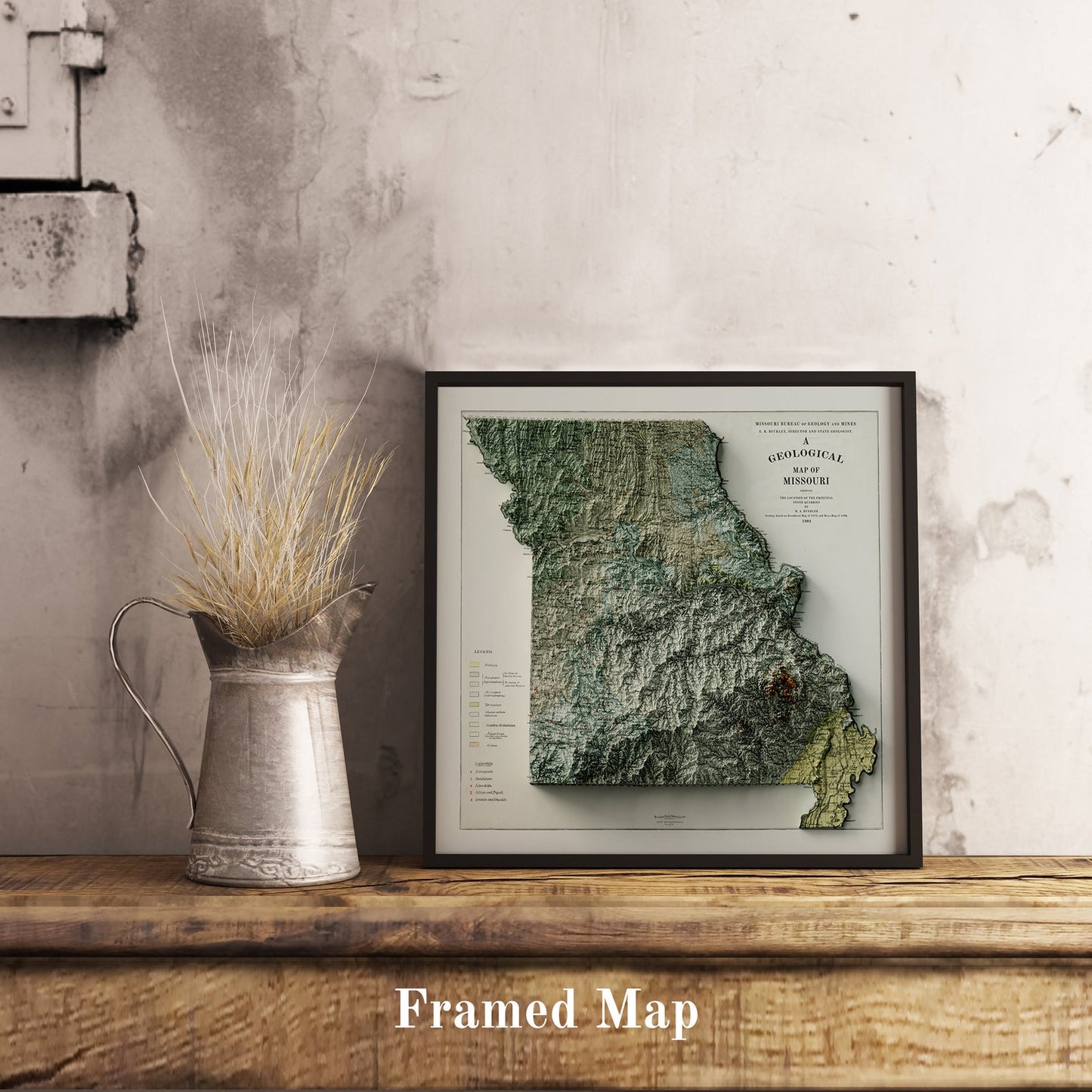 Vintage Missouri (USA) shaded relief map in black frame. Realistic terrain art print for home decor, displayed on rustic wooden table