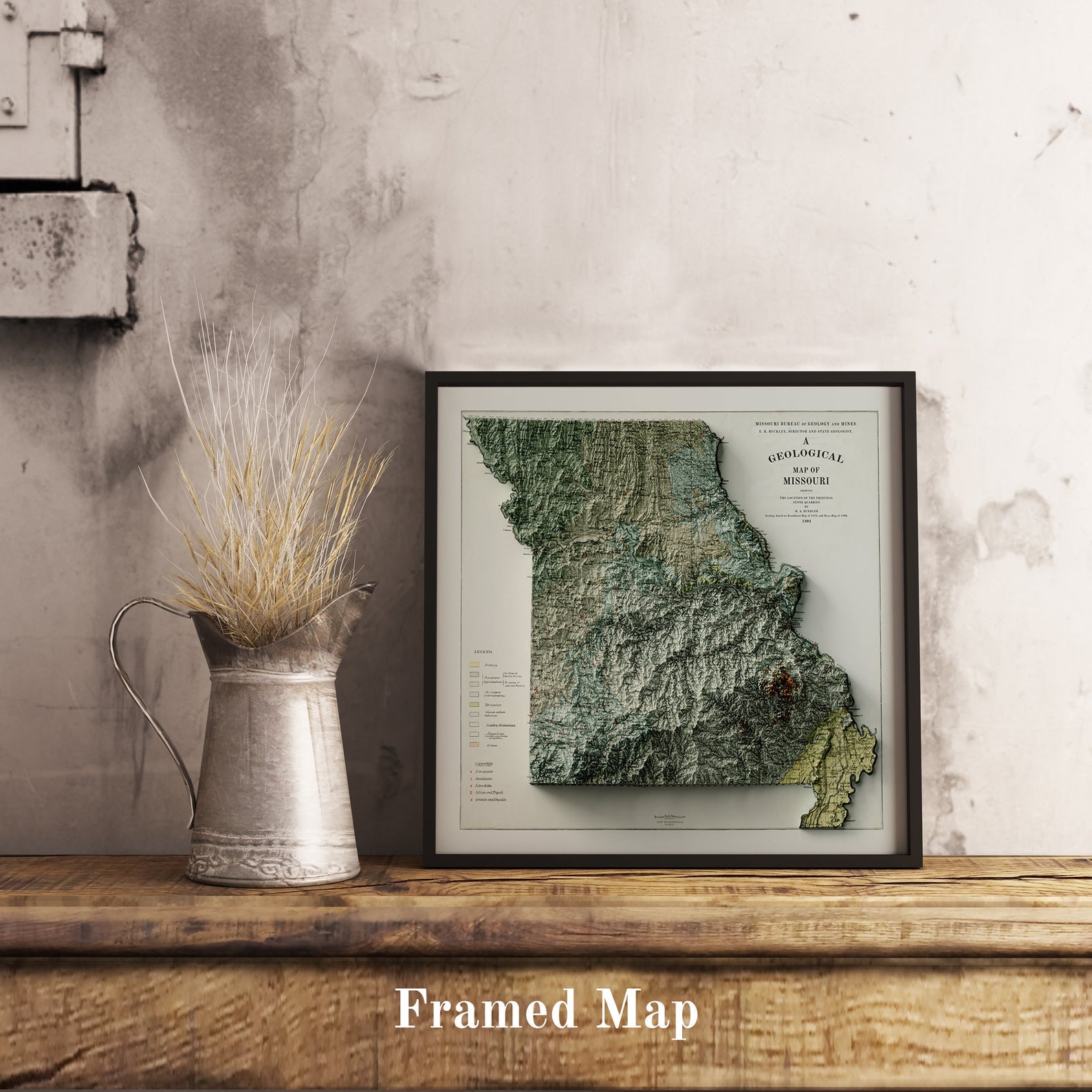 Vintage Missouri (USA) shaded relief map in black frame. Realistic terrain art print for home decor, displayed on rustic wooden table