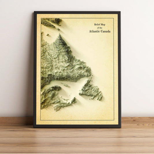 Atlantic Canada vintage framed shaded relief map in black frame. Artistic print highlighting mountains with a realistic terrain effect