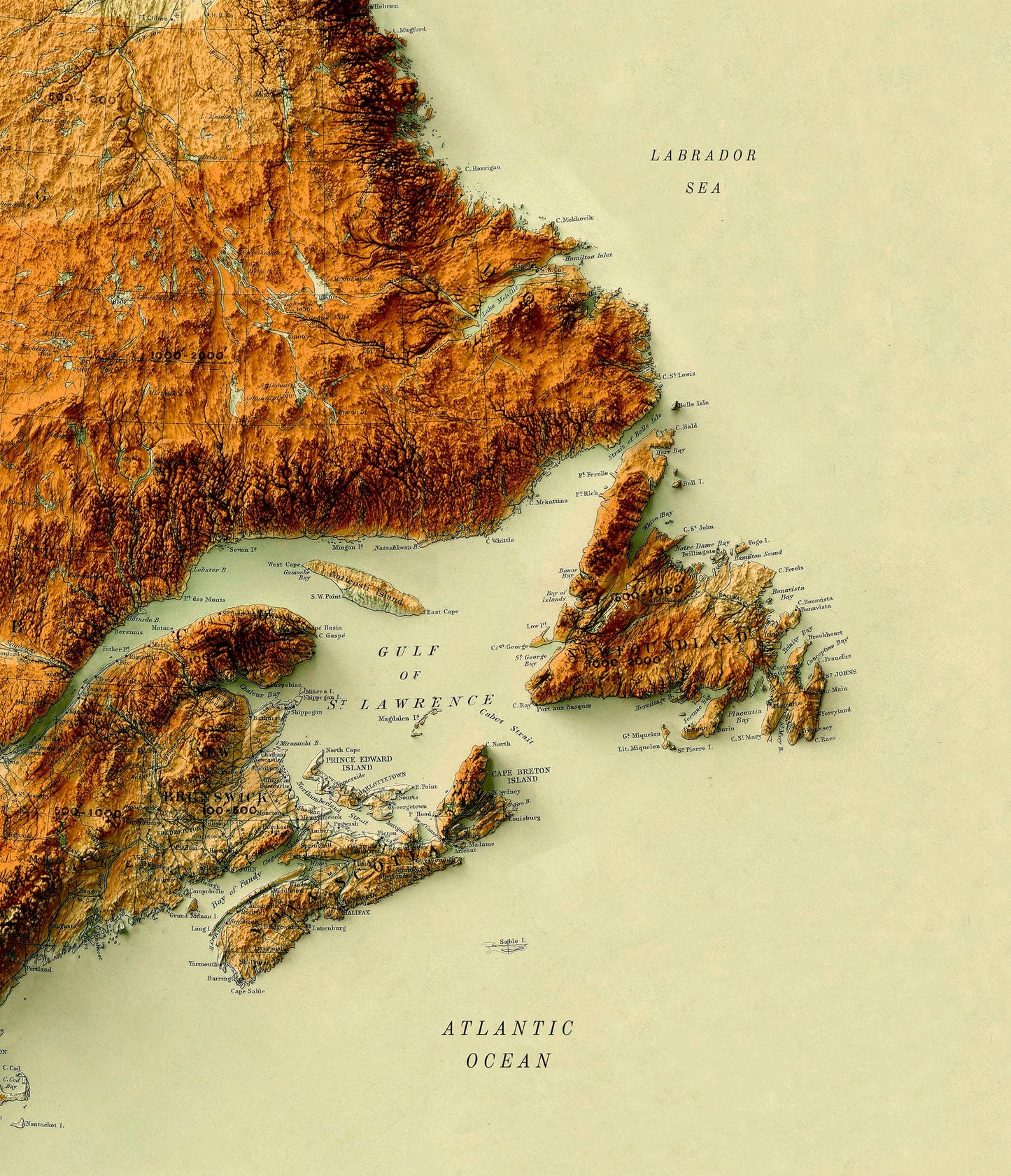 Detailed close-up of a vintage Atlantic Canada relief map, showcasing textured topography and geographic contours