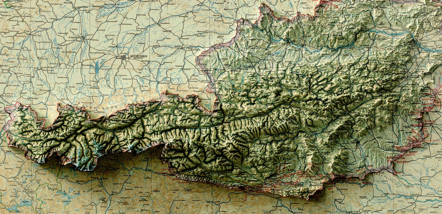 Detailed close-up of a vintage Austria relief map, showcasing textured topography and geographic contours