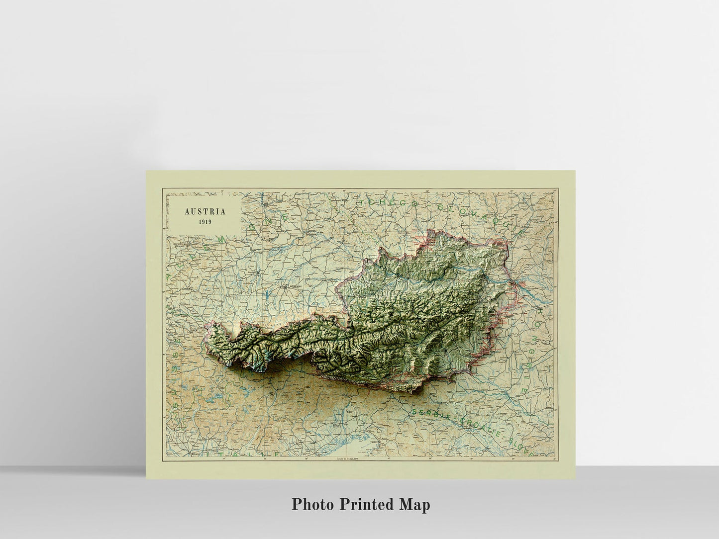 Austria relief map print, highlighting topography. Ideal for home decor and geography lovers