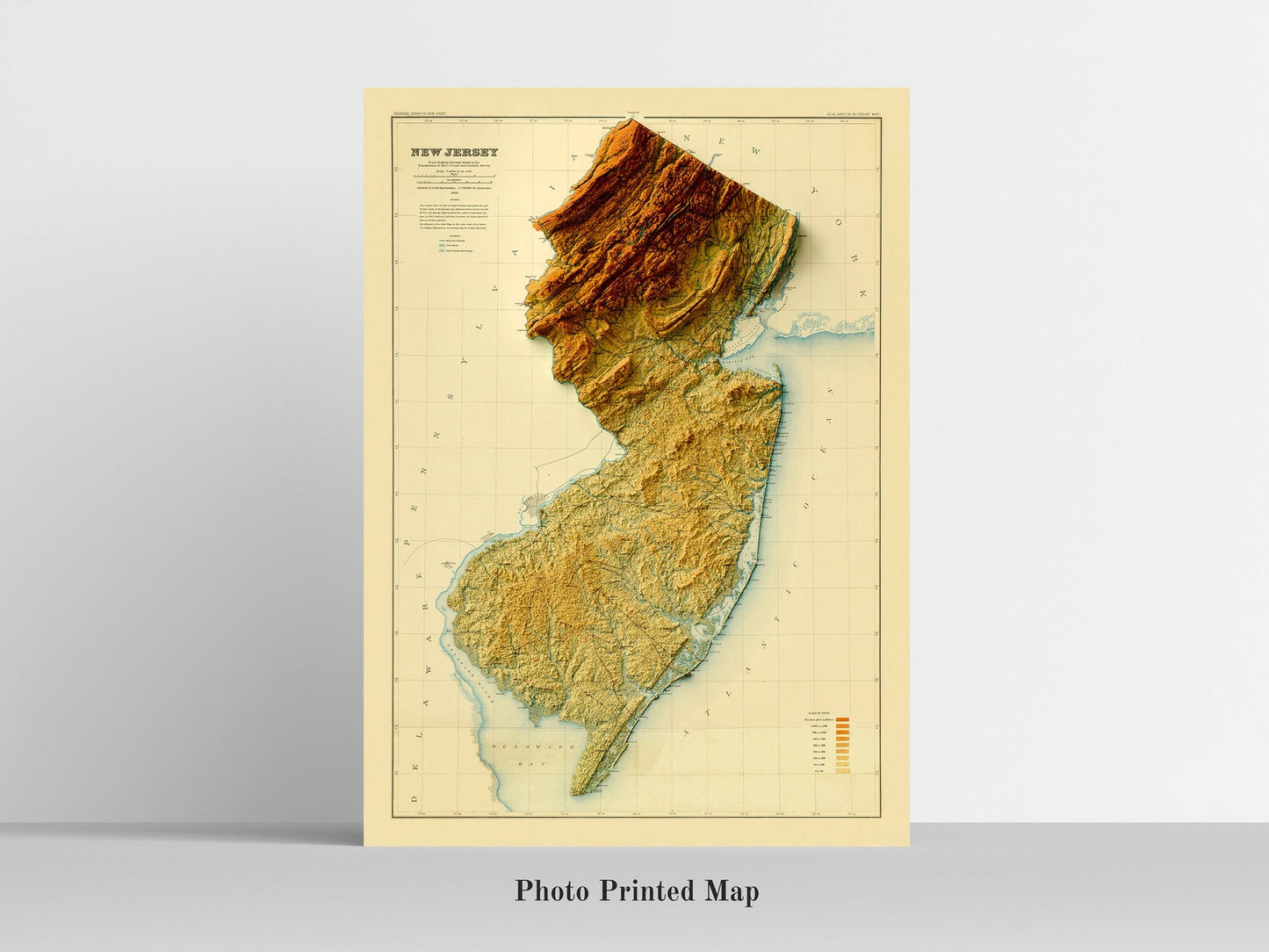 New Jersey (USA) Shaded relief map print, highlighting topography. Ideal for home decor and geography lovers