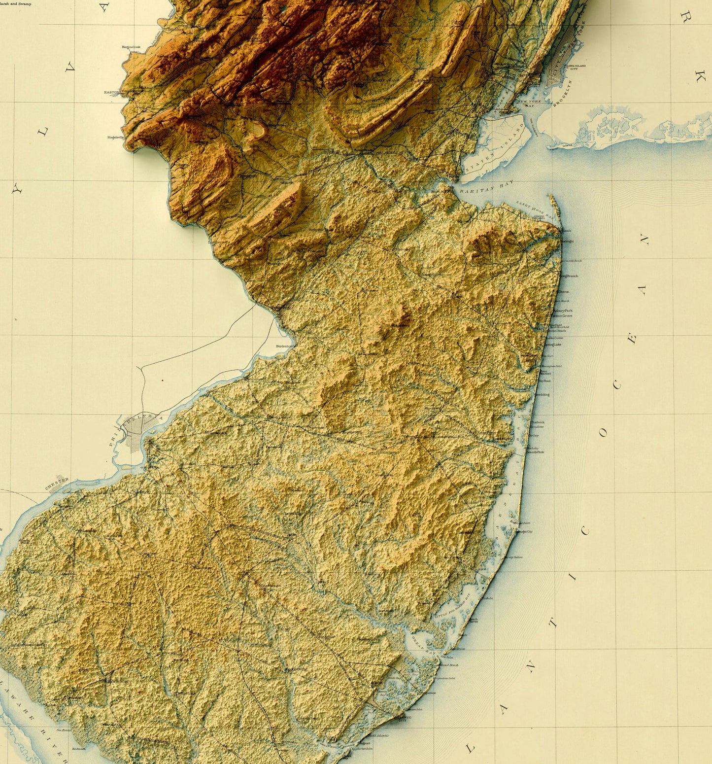 Detailed close-up of a vintage New Jersey (USA) relief map, showcasing textured topography and geographic contours