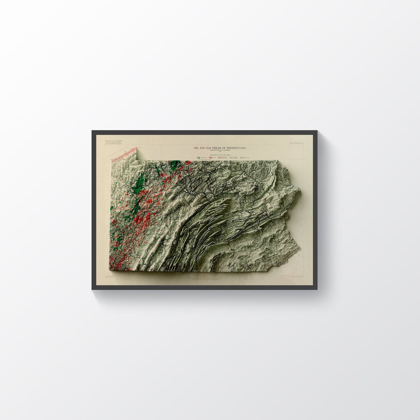Pennsylvania vintage framed shaded relief map in black frame. Artistic print highlighting mountains with a realistic terrain effect