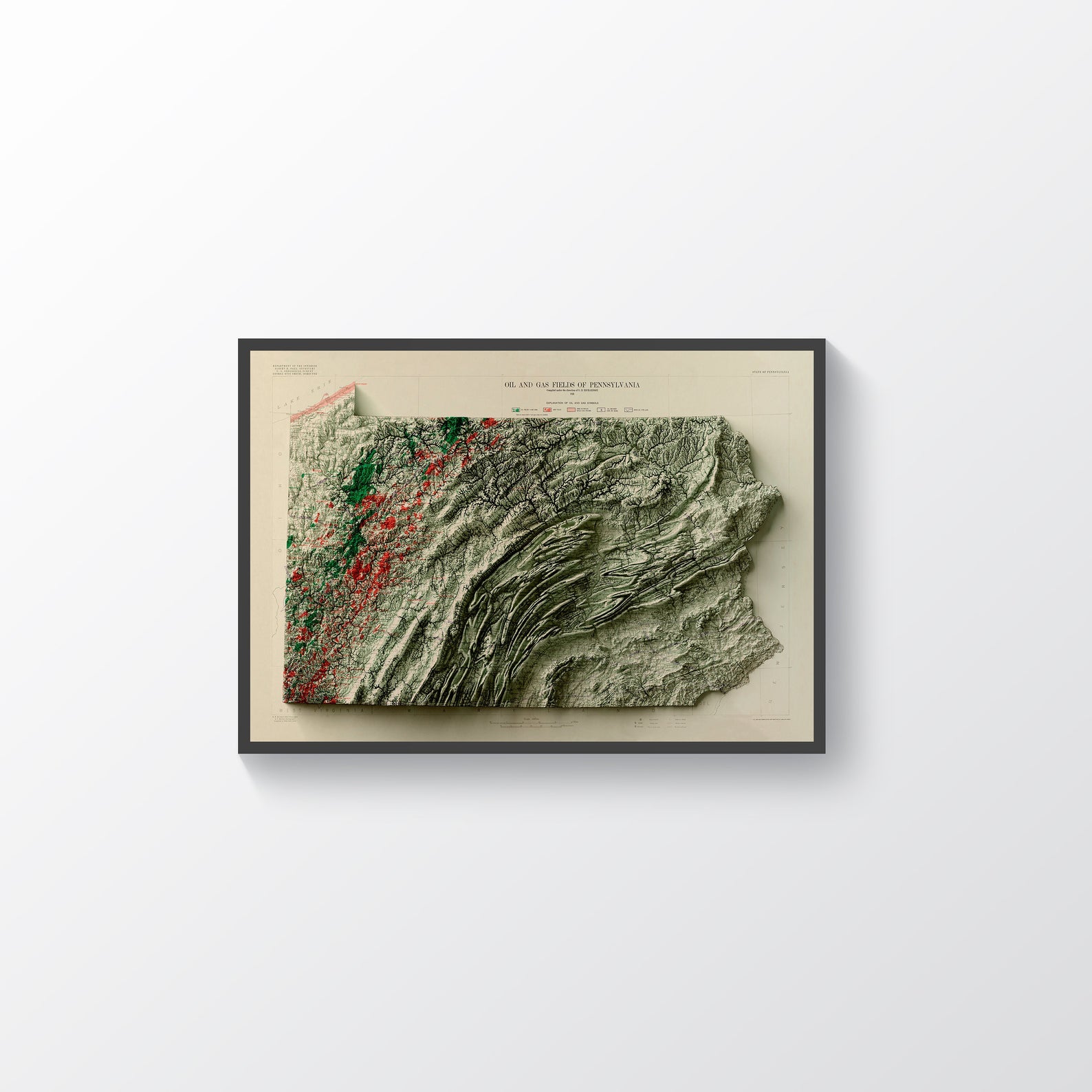 Pennsylvania vintage framed shaded relief map in black frame. Artistic print highlighting mountains with a realistic terrain effect
