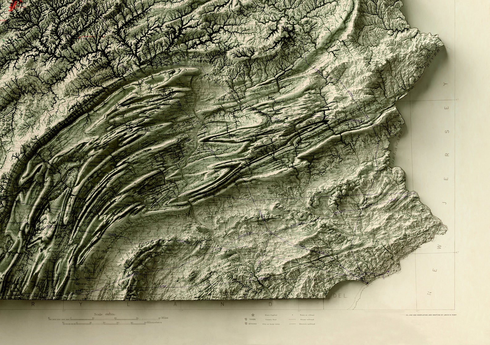Detailed close-up of a vintage Pennsylvania (USA) relief map, showcasing textured topography and geographic contours