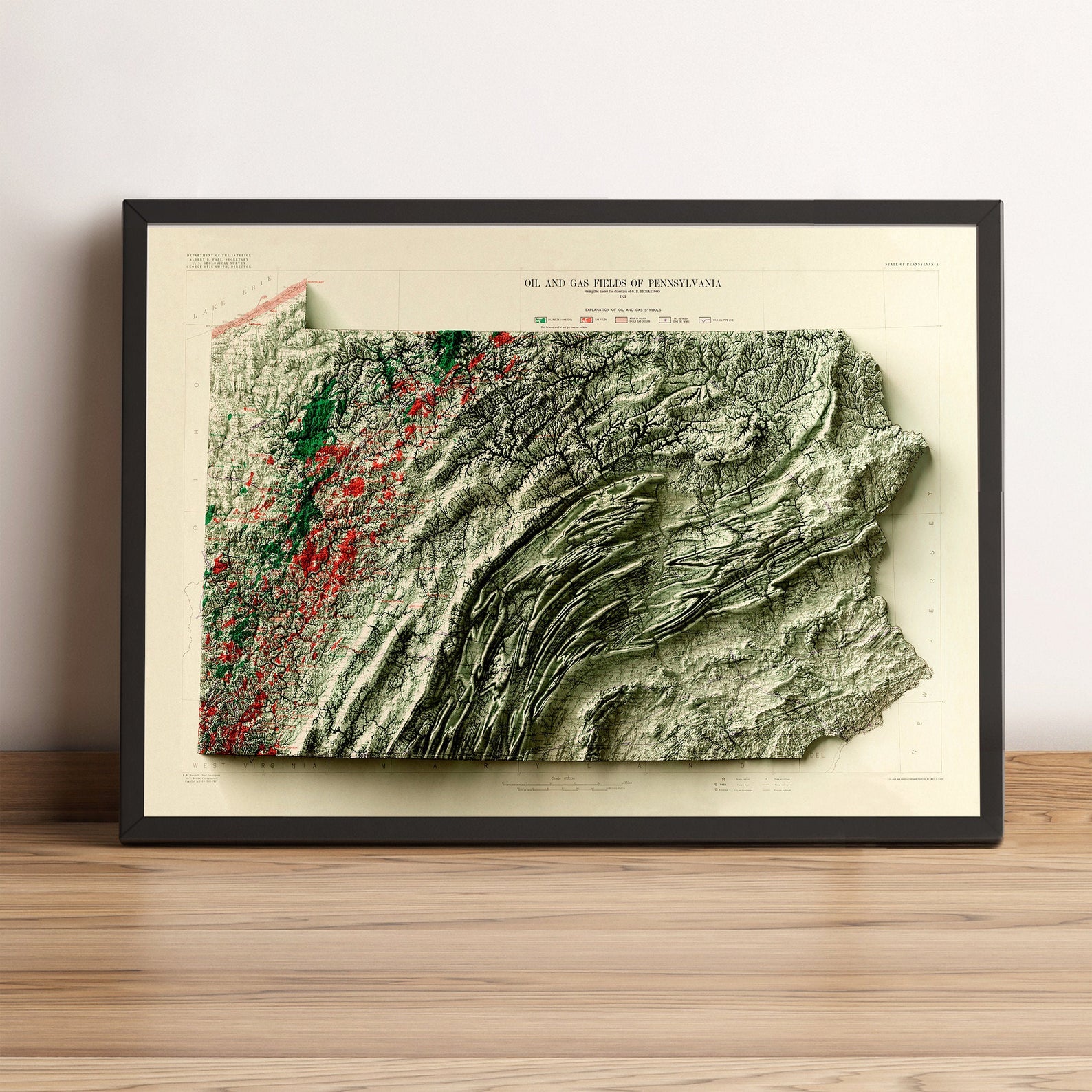 Pennsylvania vintage framed shaded relief map in black frame. Artistic print highlighting mountains with a realistic terrain effect