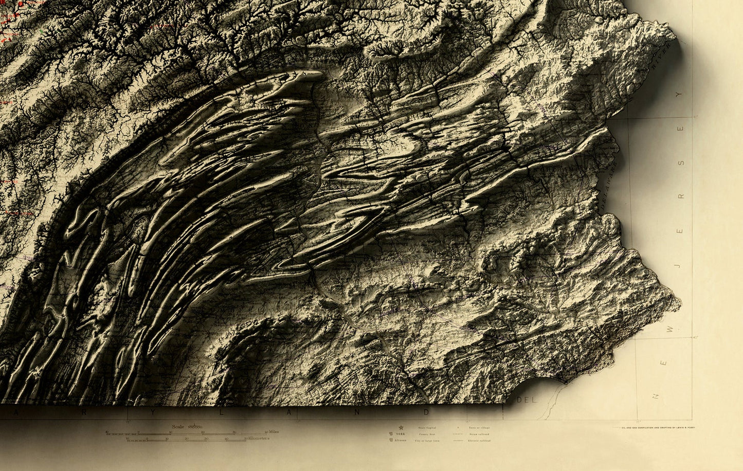 Detailed close-up of a vintage Pennsylvania (USA) relief map, showcasing textured topography and geographic contours