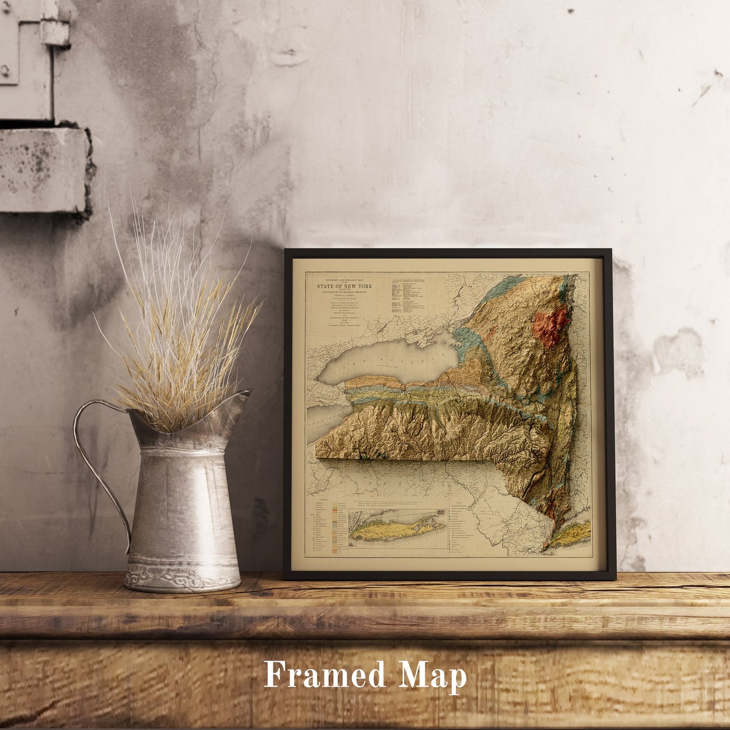 Vintage New York (USA) shaded relief map in black frame. Realistic terrain art print for home decor, displayed on rustic wooden table
