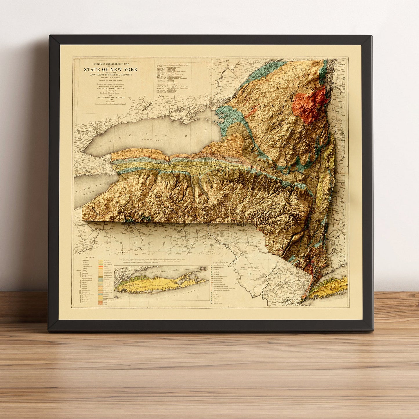 New York State vintage framed shaded relief map in black frame. Artistic print highlighting mountains with a realistic terrain effect