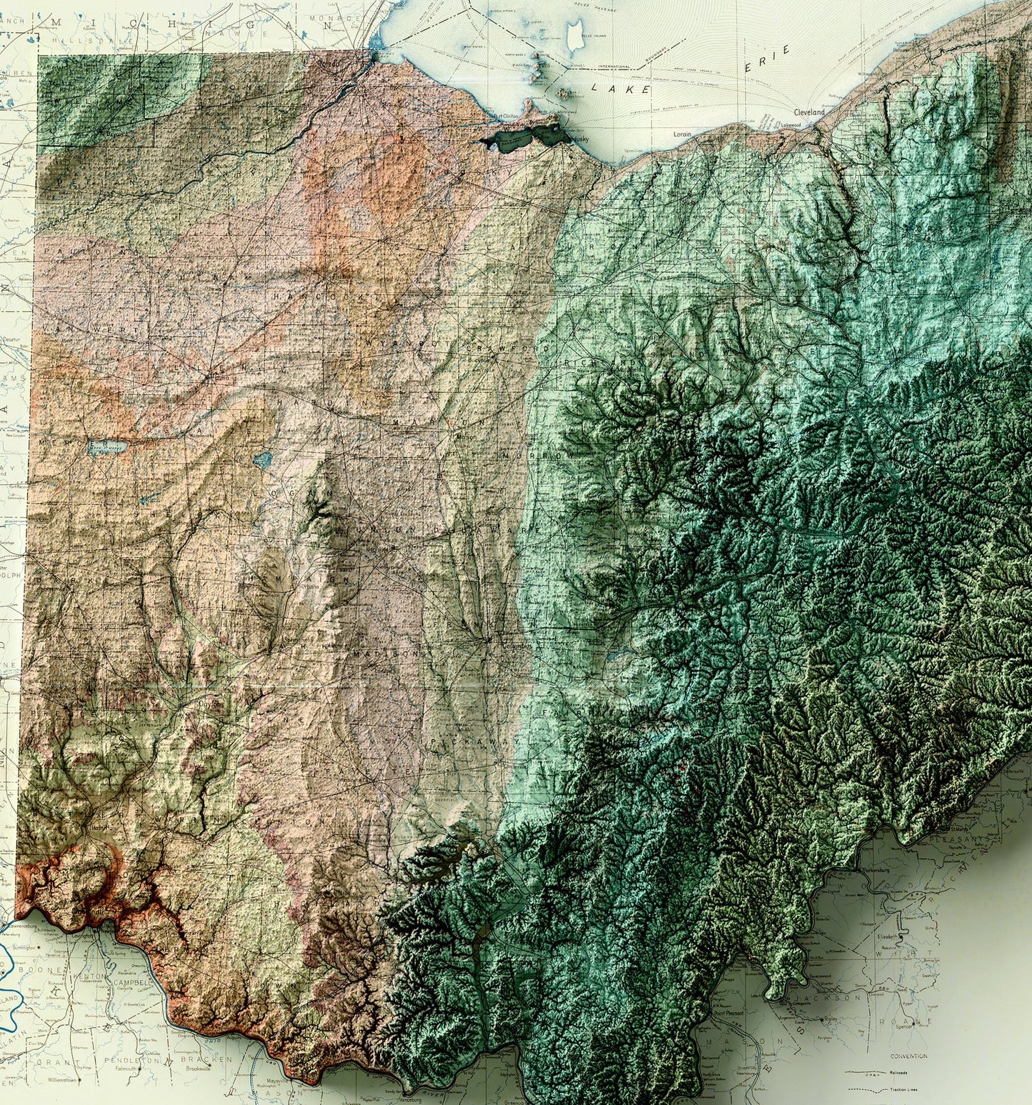 Detailed close-up of a vintage Ohio (USA) relief map, showcasing textured topography and geographic contours