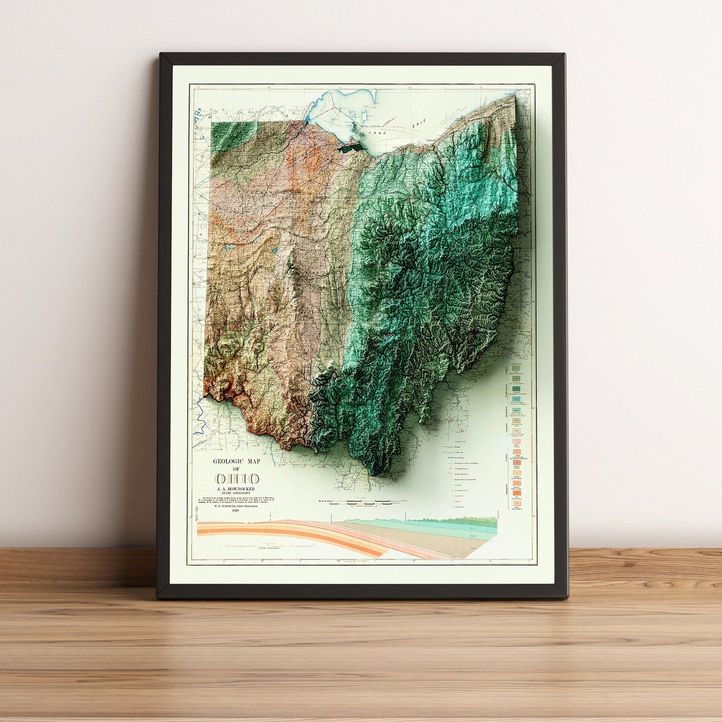 Ohio (USA) vintage framed shaded relief map in black frame. Artistic print highlighting mountains with a realistic terrain effect