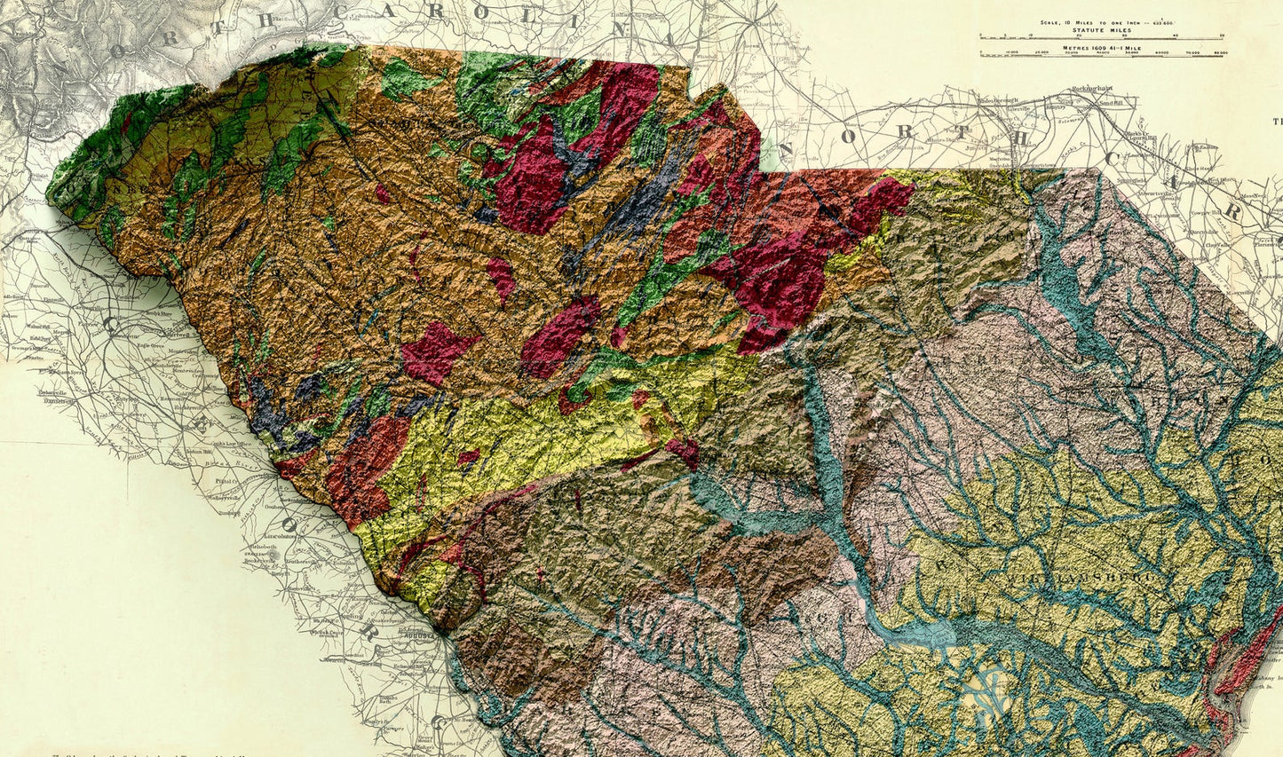 Detailed close-up of a vintage South Carolina (USA) relief map, showcasing textured topography and geographic contours