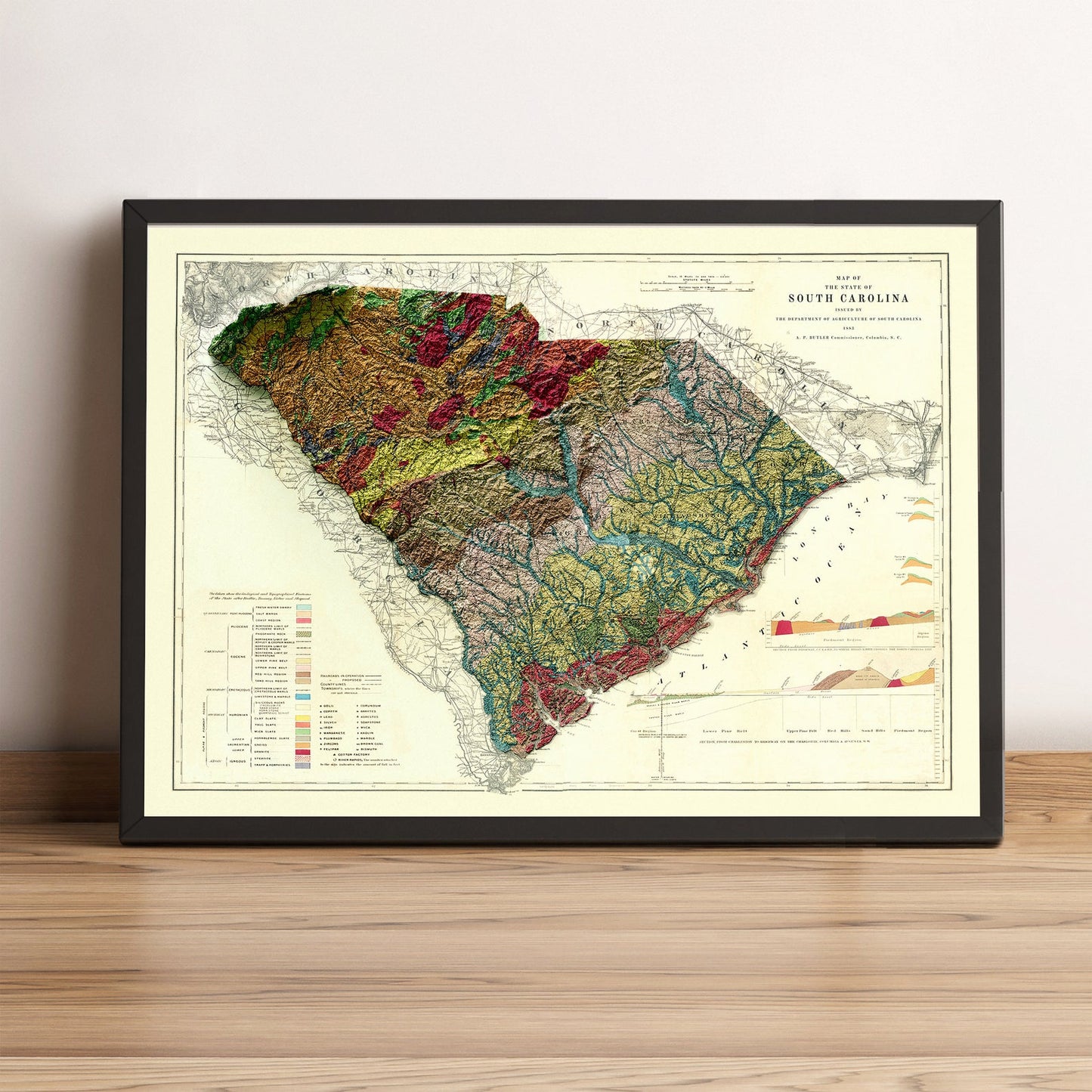 South Carolina (USA) vintage framed shaded relief map in black frame. Artistic print highlighting mountains with a realistic terrain effect