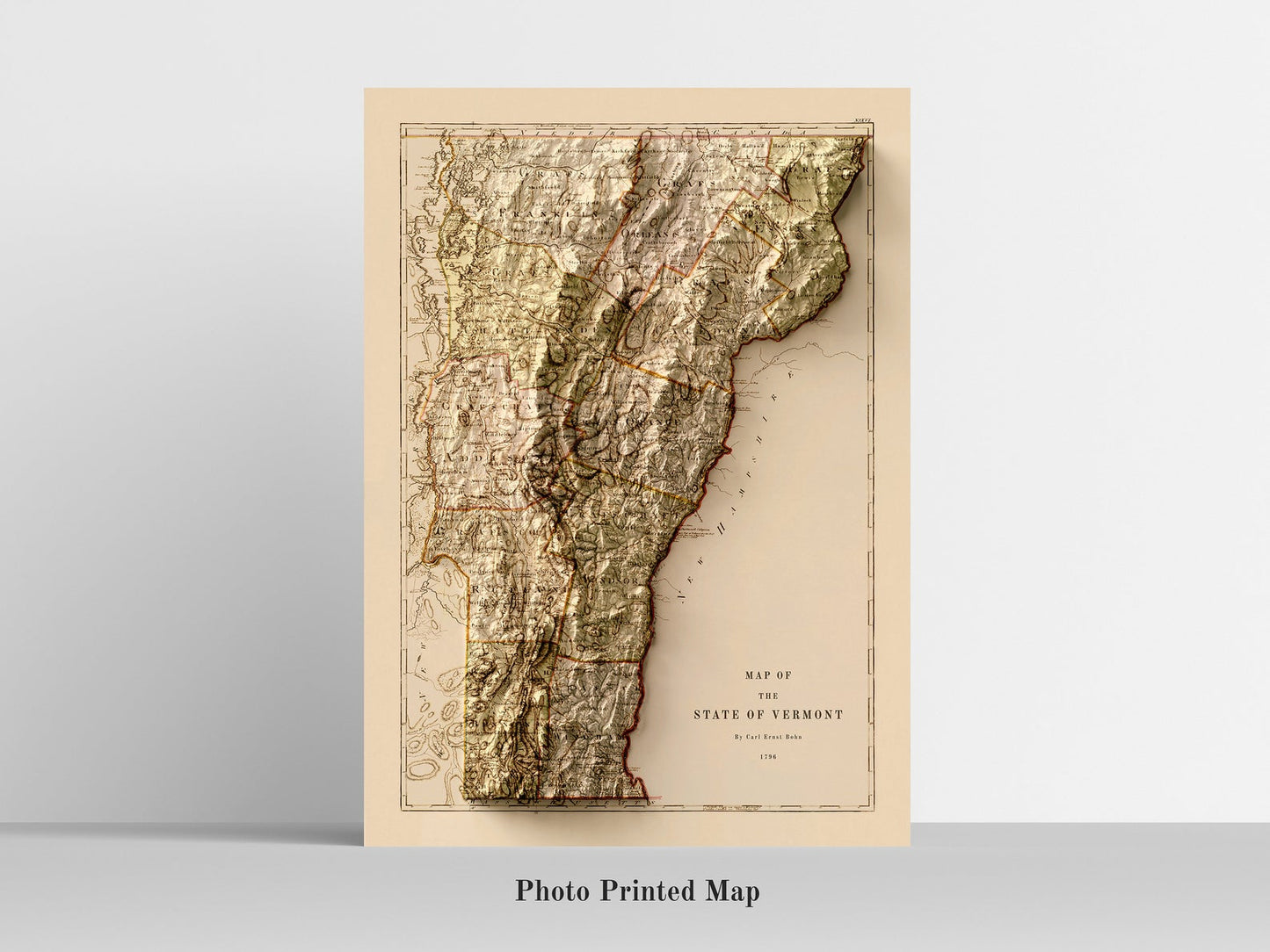 Vermont (USA) Shaded relief map print, highlighting topography. Ideal for home decor and geography lovers