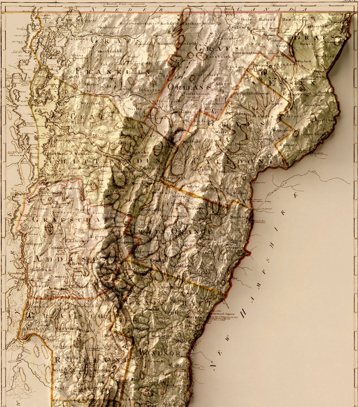 Detailed close-up of a vintage Vermont (USA) relief map, showcasing textured topography and geographic contours