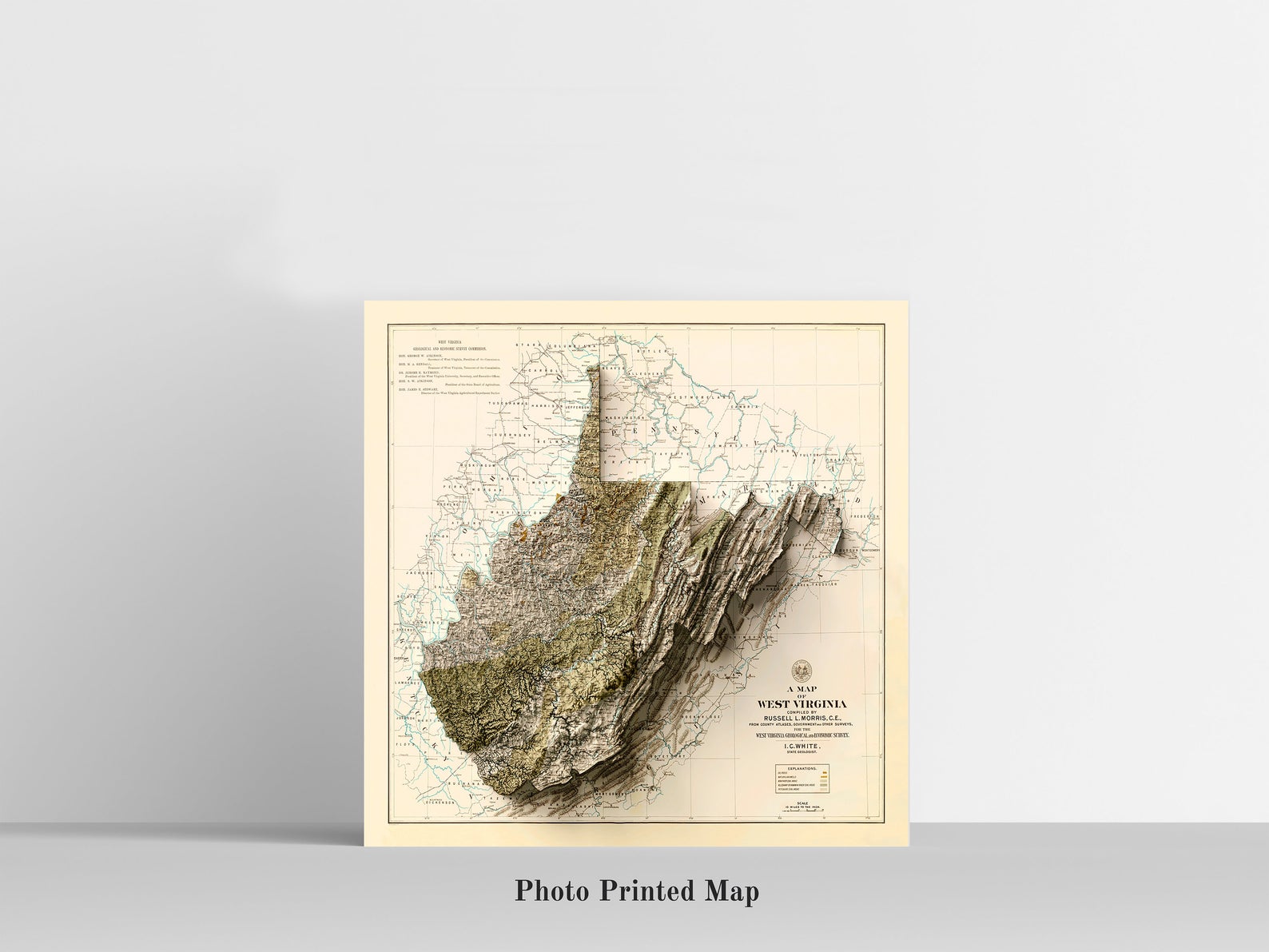 West Virginia (USA) Shaded relief map print, highlighting topography. Ideal for home decor and geography lovers