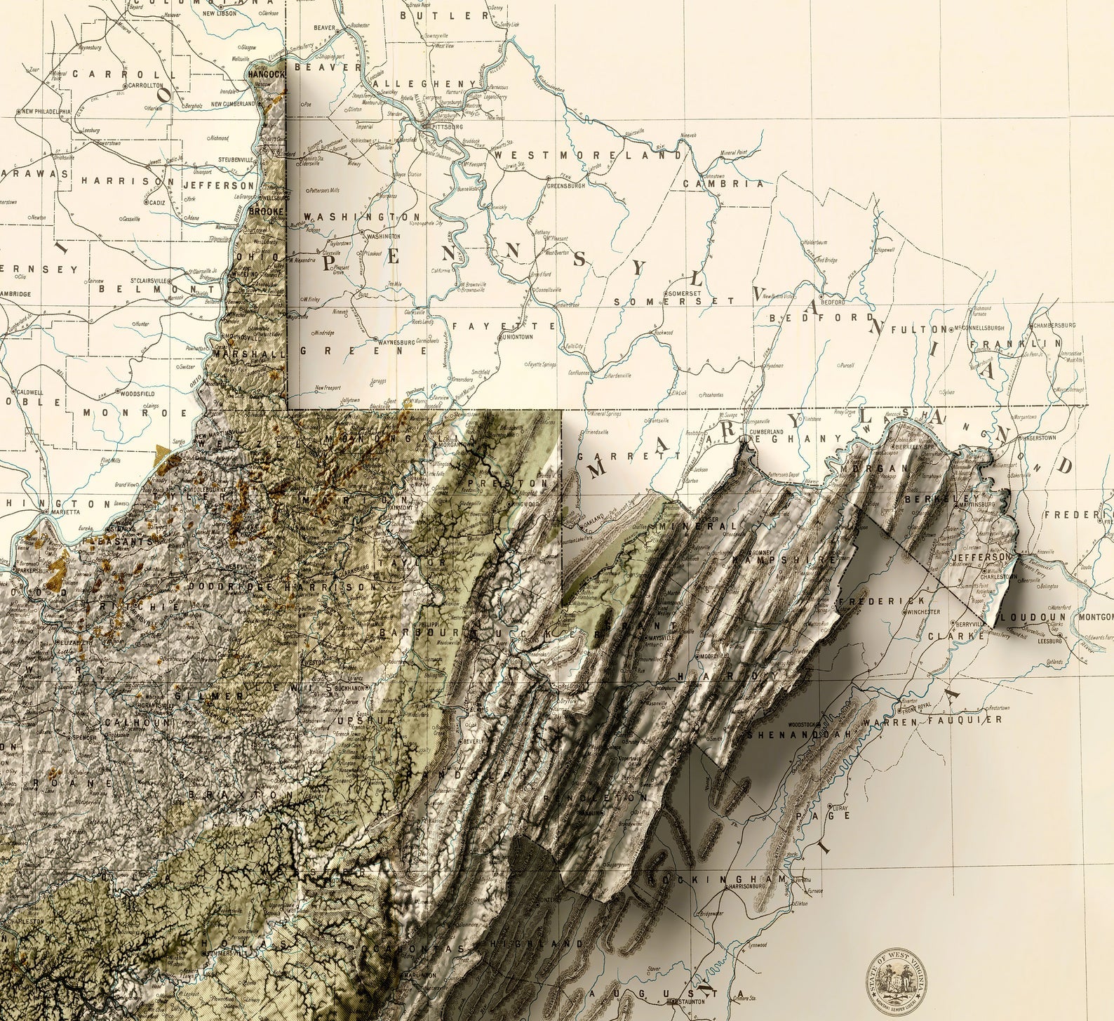 Detailed close-up of a vintage West Virginia (USA) relief map, showcasing textured topography and geographic contours