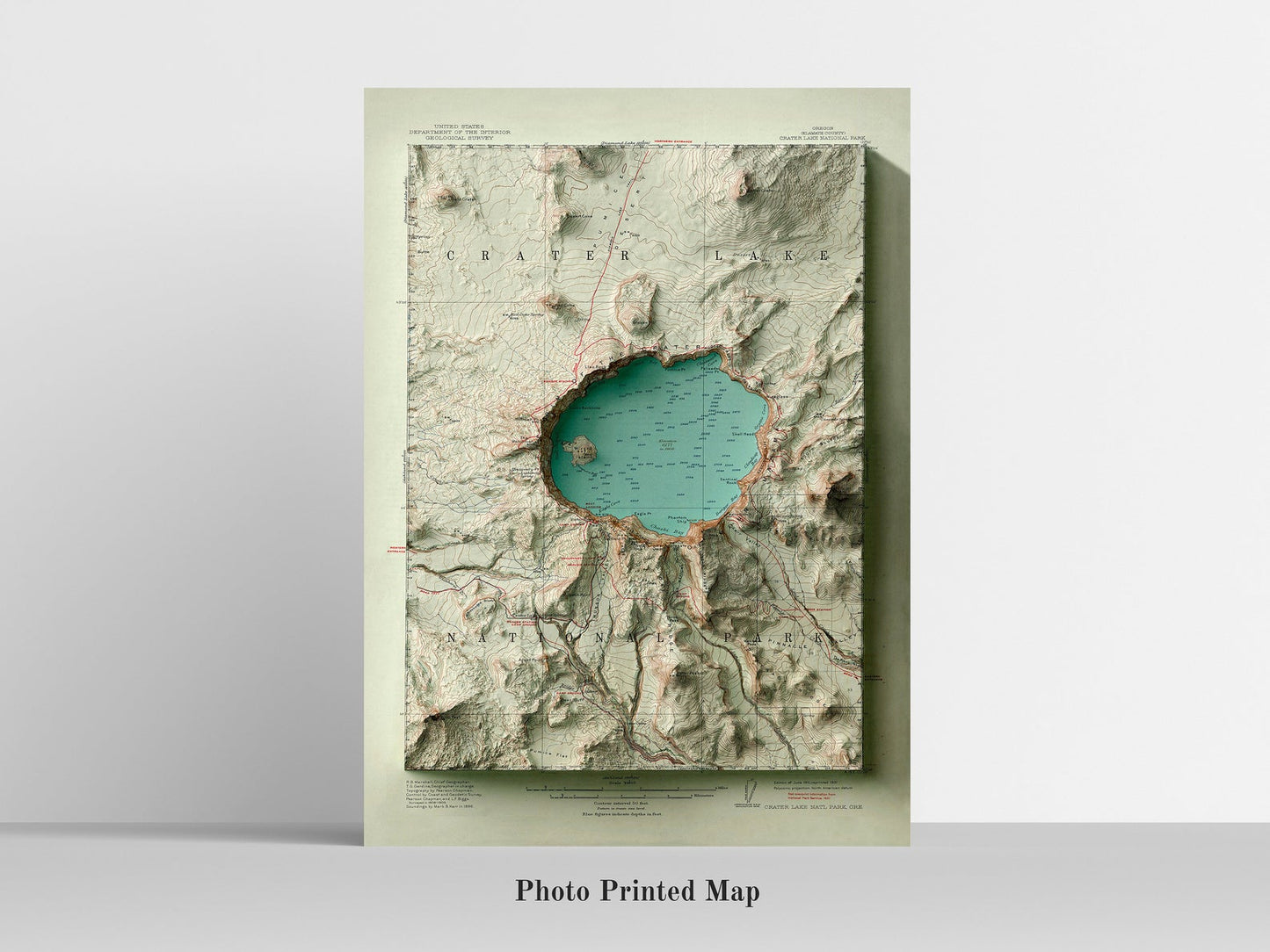 Crater Lake (Oregon) Shaded relief map print, highlighting topography. Ideal for home decor and geography lovers