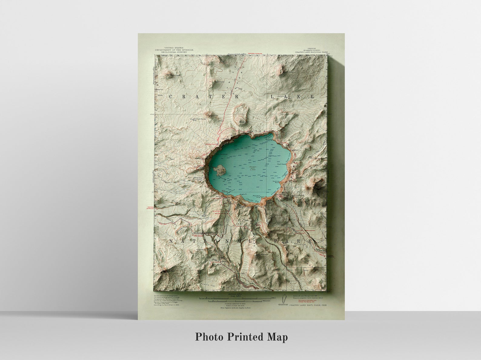 Crater Lake (Oregon) Shaded relief map print, highlighting topography. Ideal for home decor and geography lovers