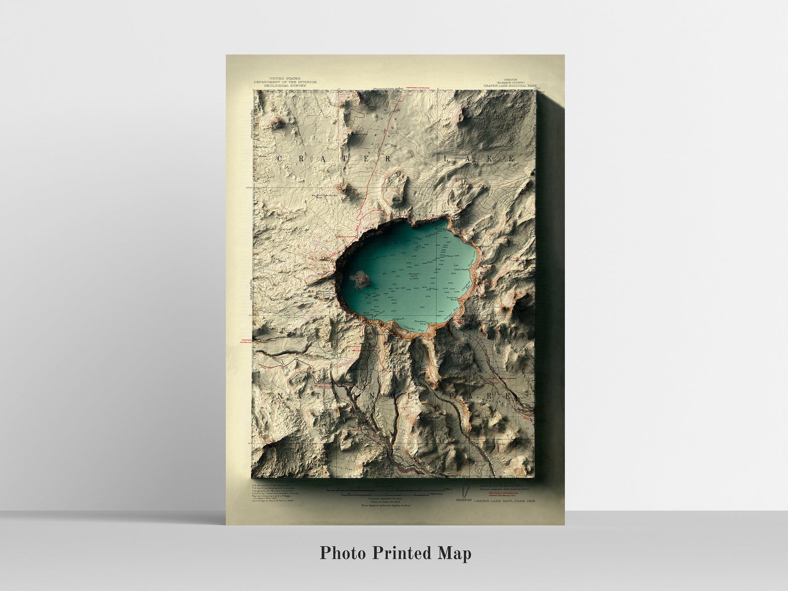 Crater Lake (Oregon) Shaded relief map print, highlighting topography. Ideal for home decor and geography lovers