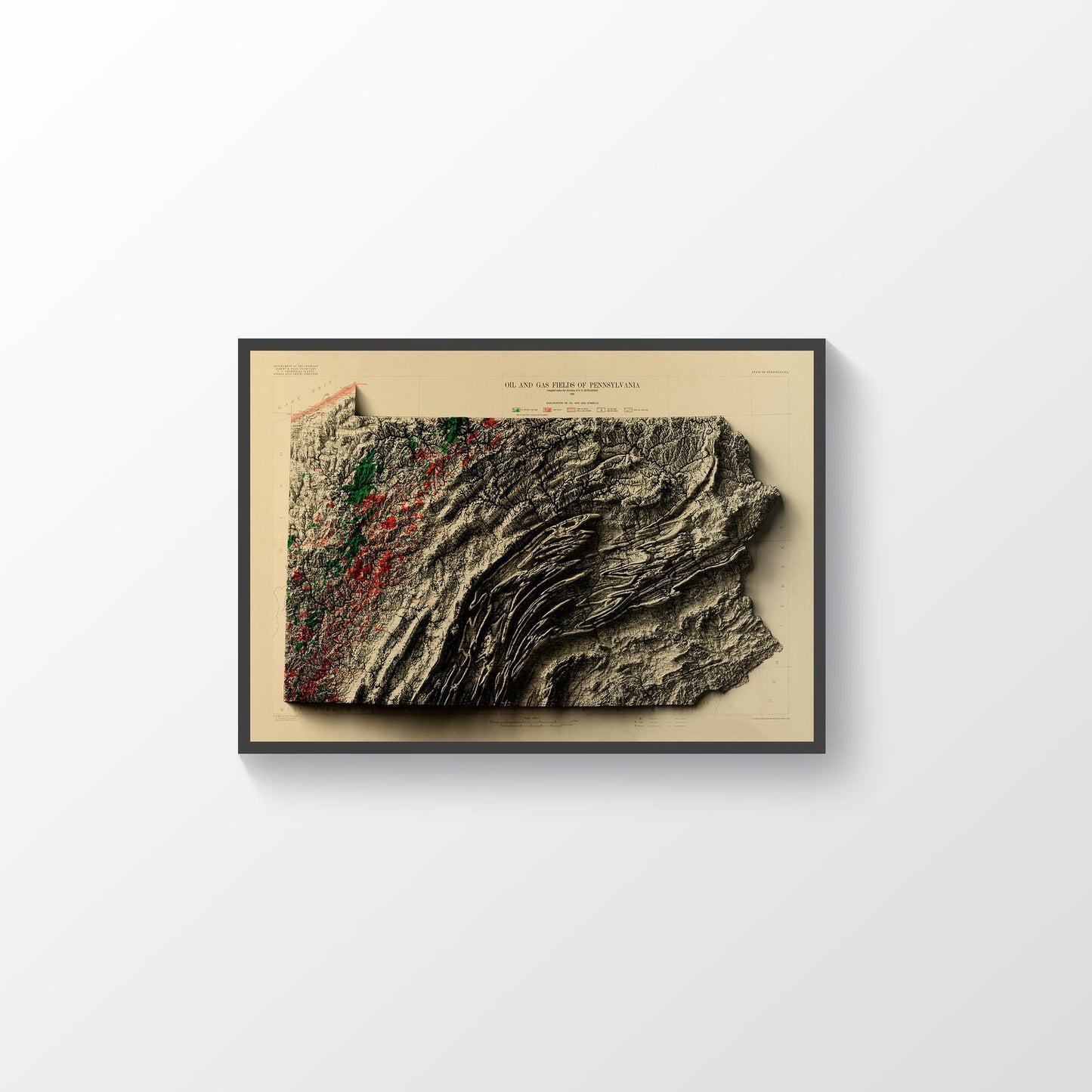 Pennsylvania vintage framed shaded relief map in black frame. Artistic print highlighting mountains with a realistic terrain effect