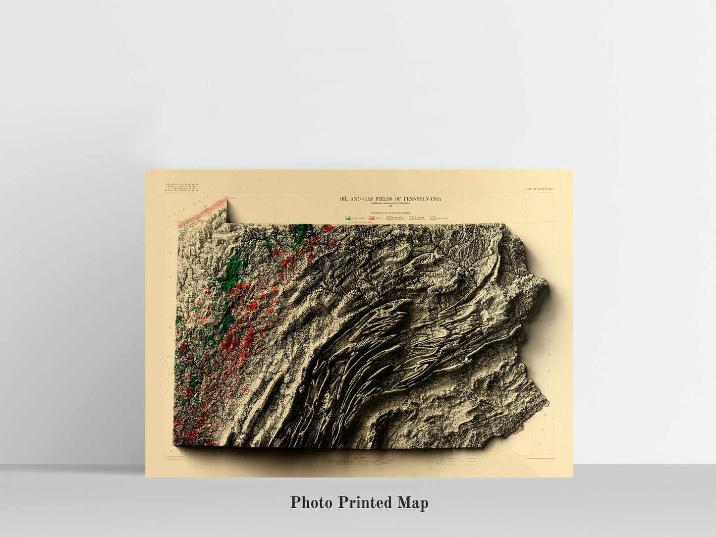 Pennsylvania (USA) Shaded relief map print, highlighting topography. Ideal for home decor and geography lovers