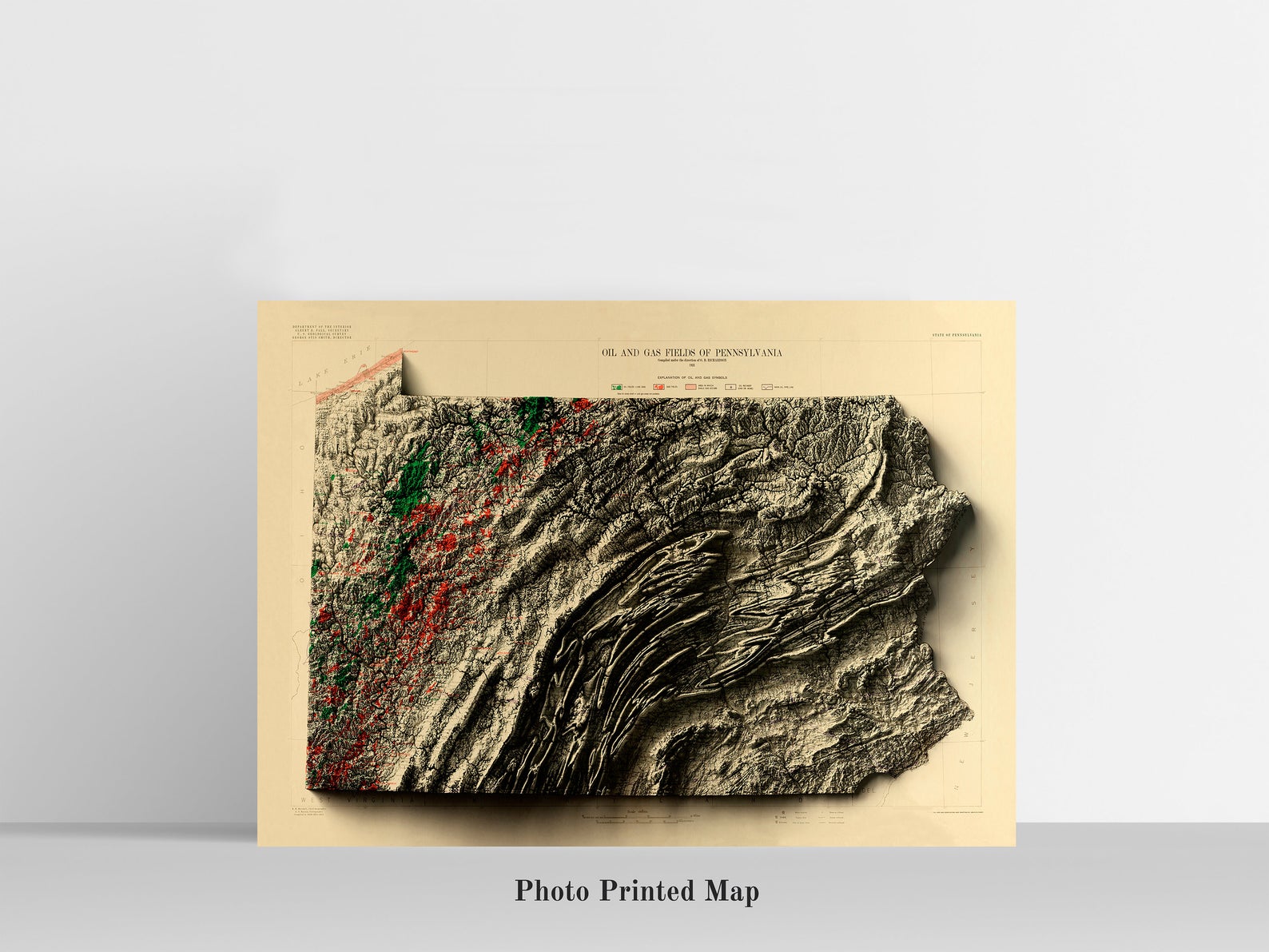 Pennsylvania (USA) Shaded relief map print, highlighting topography. Ideal for home decor and geography lovers