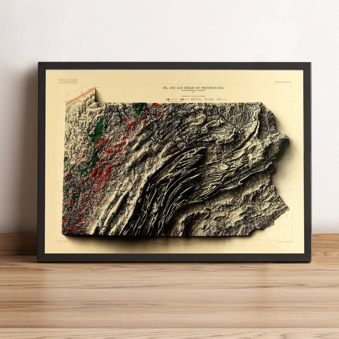 Pennsylvania vintage framed shaded relief map in black frame. Artistic print highlighting mountains with a realistic terrain effect