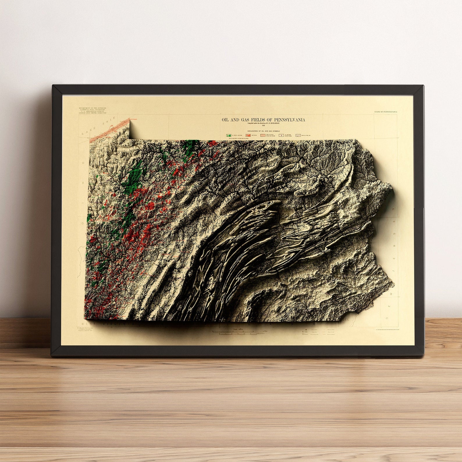 Pennsylvania vintage framed shaded relief map in black frame. Artistic print highlighting mountains with a realistic terrain effect