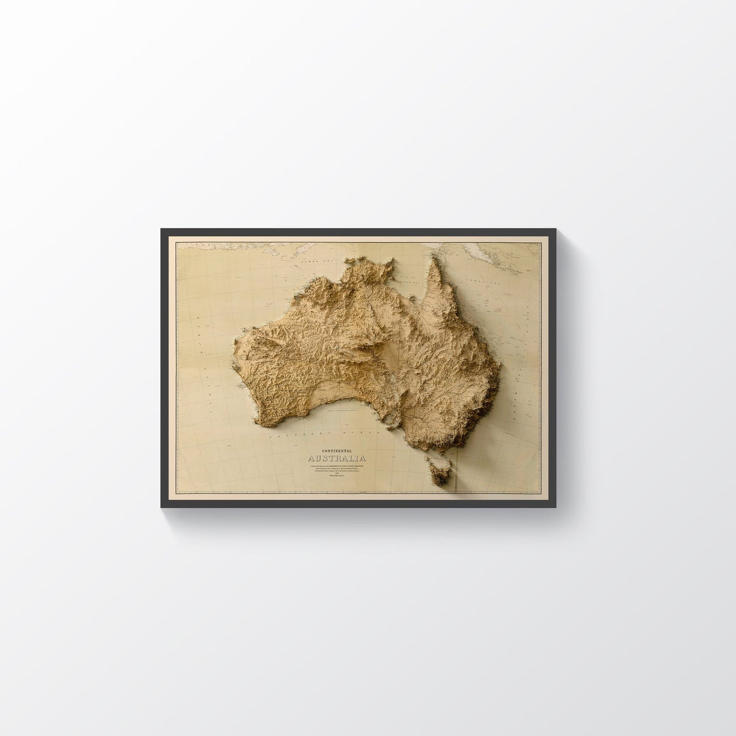 Australia vintage framed shaded relief map in black frame. Artistic print highlighting mountains with a realistic terrain effect