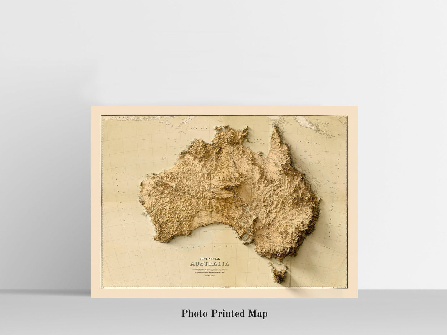 Australia relief map print, highlighting topography. Ideal for home decor and geography lovers