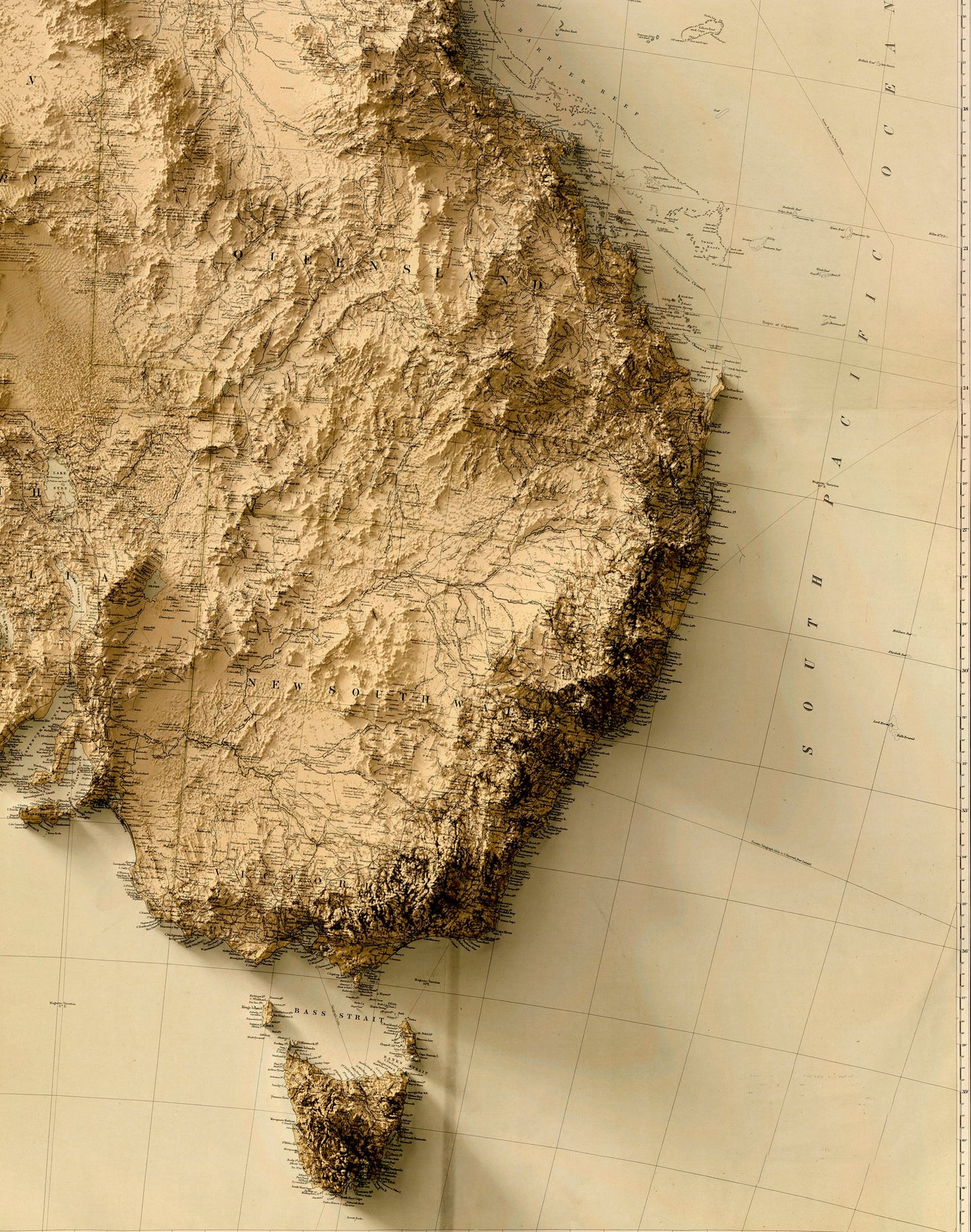 Detailed close-up of a vintage Australia relief map, showcasing textured topography and geographic contours