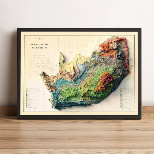 South Africa vintage framed shaded relief map in black frame. Artistic print highlighting mountains with a realistic terrain effect