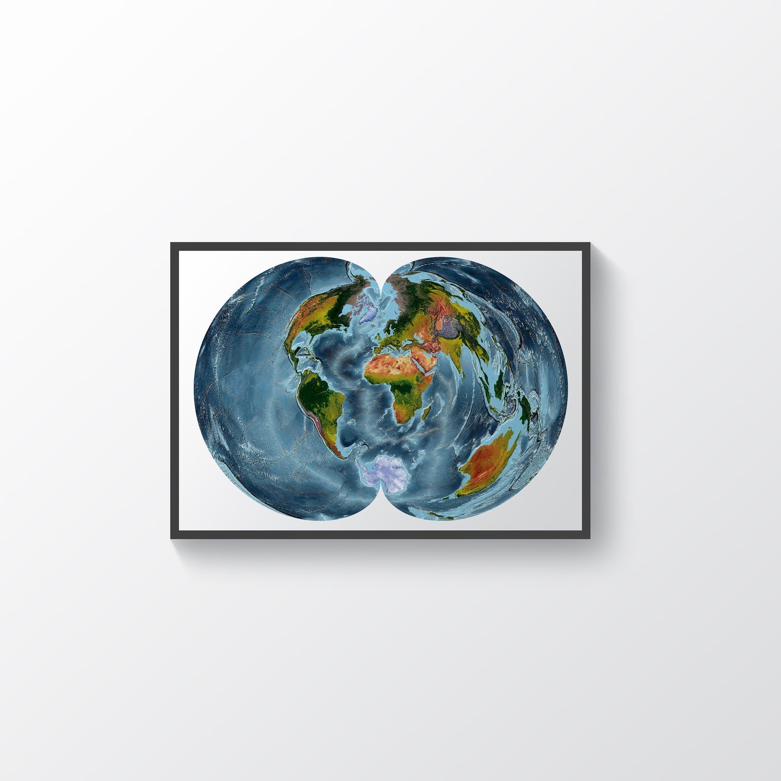 World framed shaded relief map in black frame, showing Polyconic Projection. Artistic print highlighting vegetation