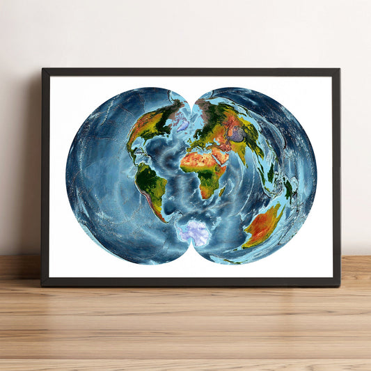 World framed shaded relief map in black frame, showing Polyconic Projection. Artistic print highlighting vegetation and bathymetry
