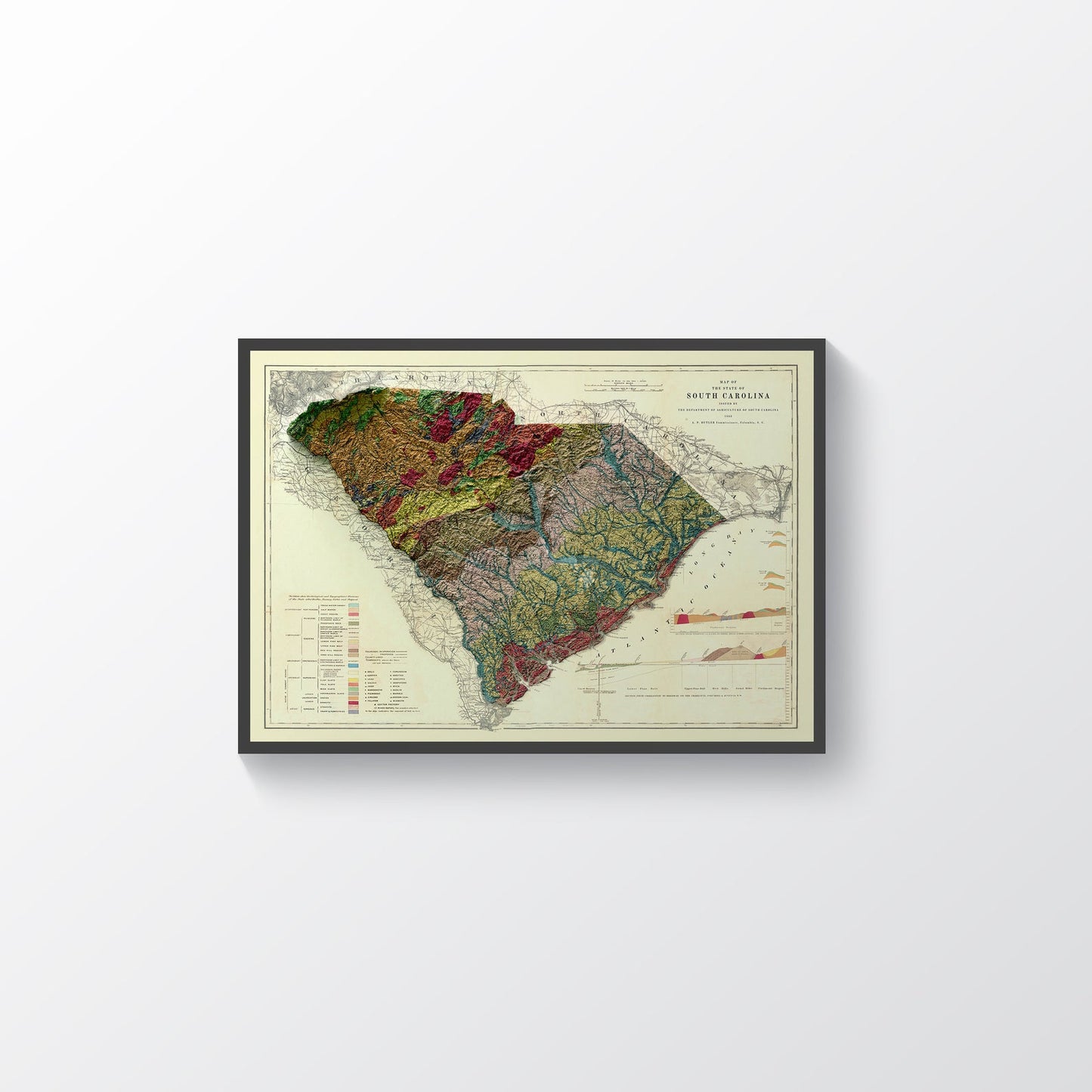 South Carolina (USA) vintage framed shaded relief map in black frame. Artistic print highlighting mountains with a realistic terrain effect