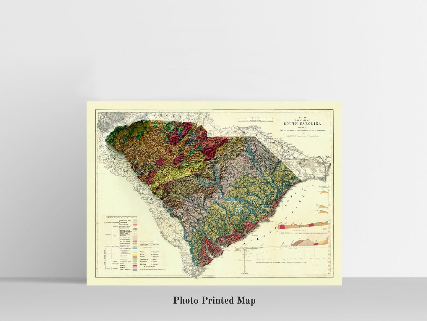 South Carolina (USA) Shaded relief map print, highlighting topography. Ideal for home decor and geography lovers