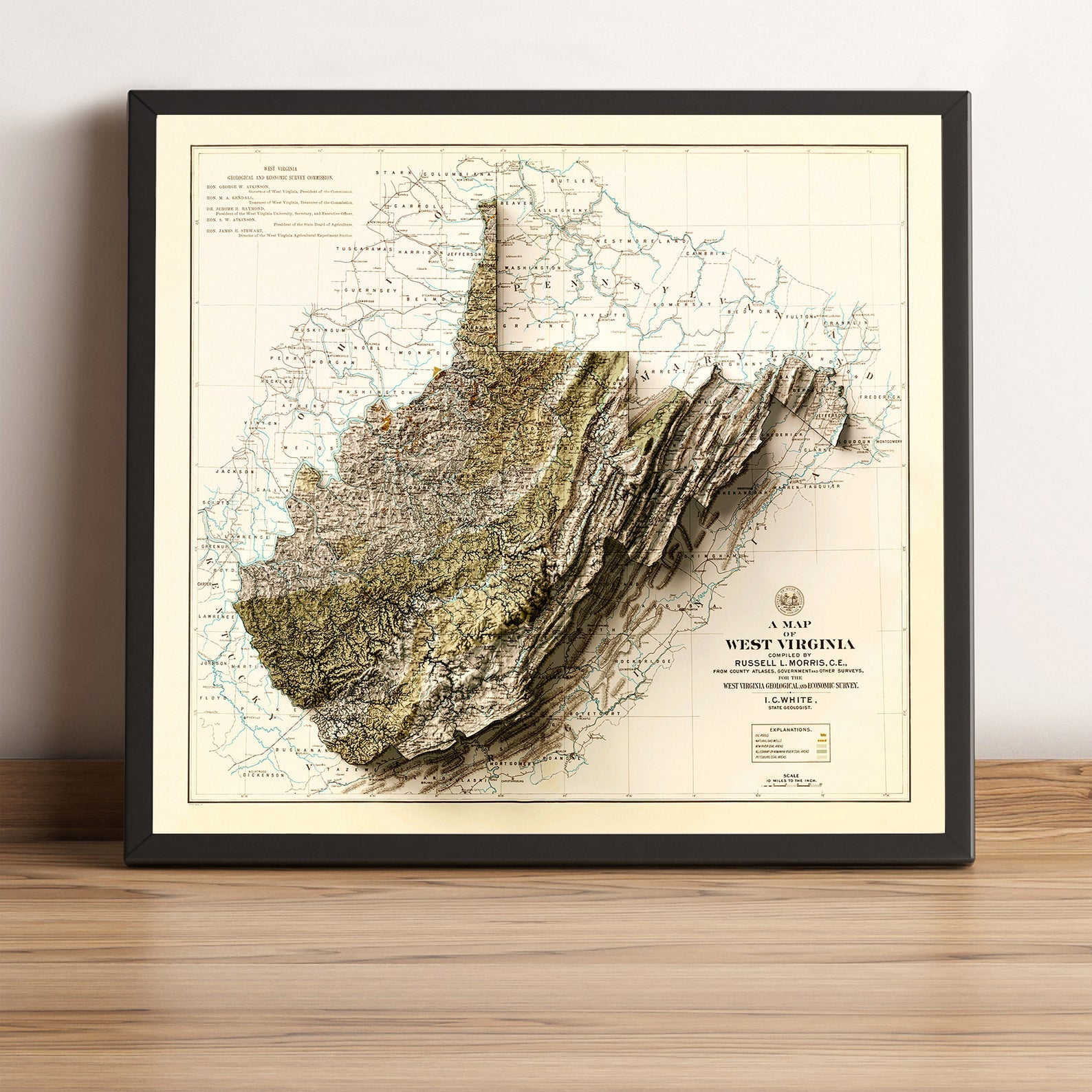 West Virginia (USA) vintage framed shaded relief map in black frame. Artistic print highlighting mountains with a realistic terrain effect