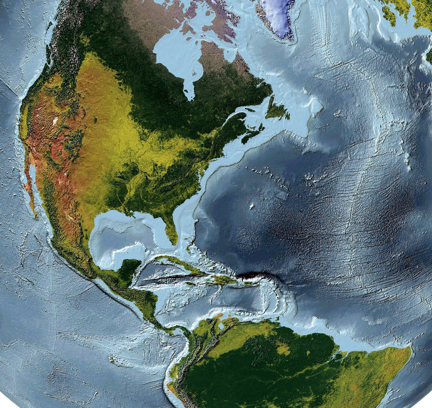 Detailed close-up of a The World From Space Projection World relief map, showcasing textured topography and geographic features