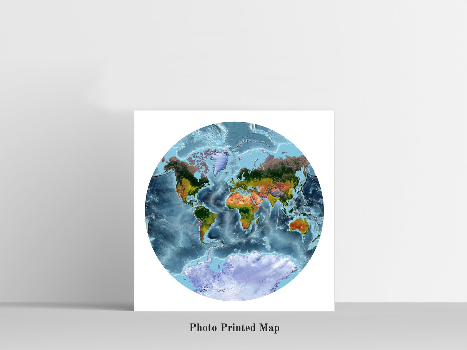 Van der Grinten Projection World Shaded relief map print, highlighting topography. Ideal for home decor and geography lovers