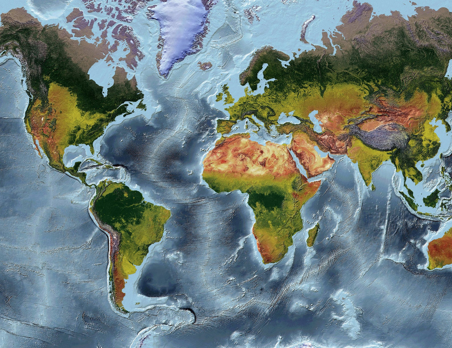 Detailed close-up of a Van der Grinten Space Projection World relief map, showcasing textured topography and geographic features