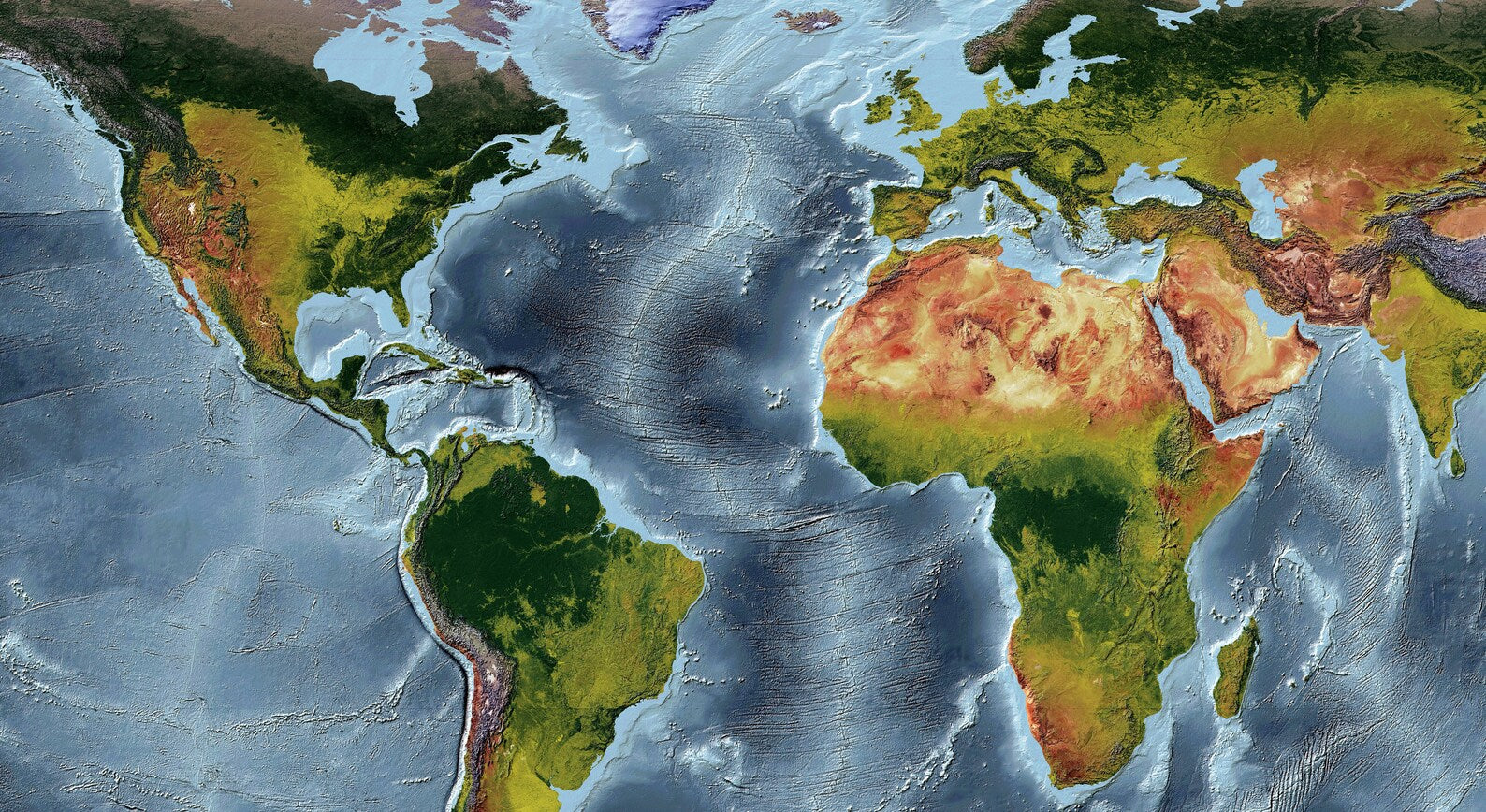 Detailed close-up of a WGS84 Perspective Space Projection World relief map, showcasing textured topography and geographic features