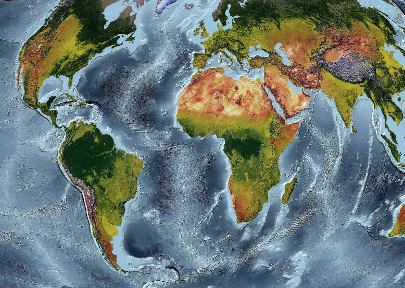Detailed close-up of an Aitoff Projection World relief map, showcasing textured topography and geographic features