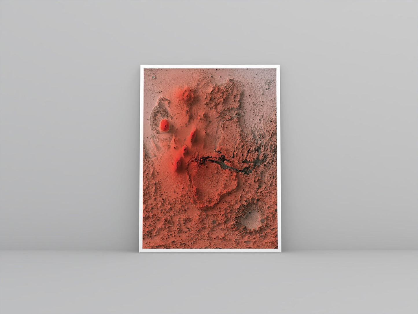 Mars framed shaded relief map in white frame. Artistic print highlighting mountains with a realistic 3d effect