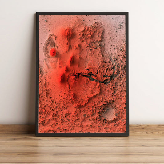 Mars framed shaded relief map in black frame. Artistic print highlighting mountains with a realistic terrain effect